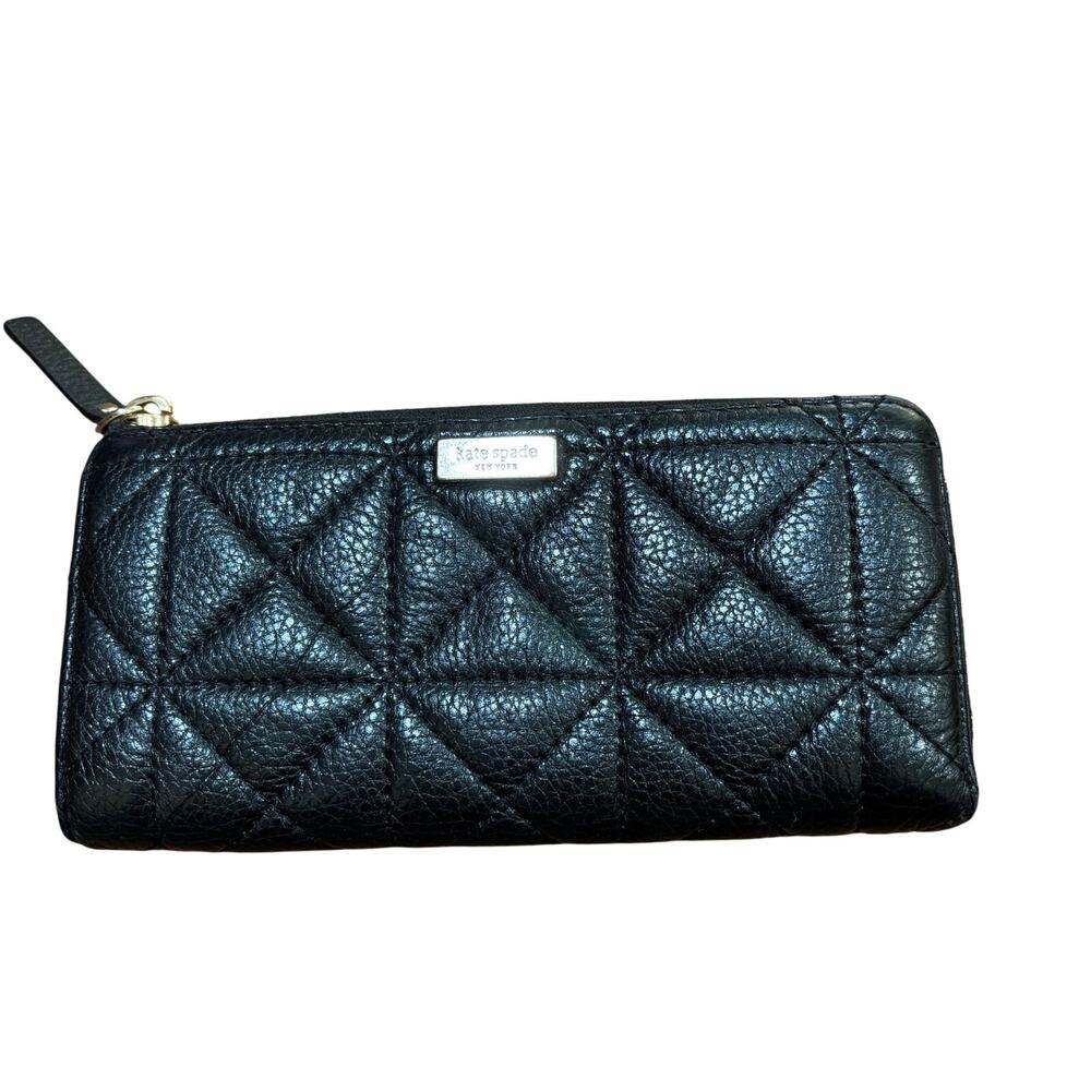 Kate spade black quilted leather wallet zip top clutch purse gold tone hardware